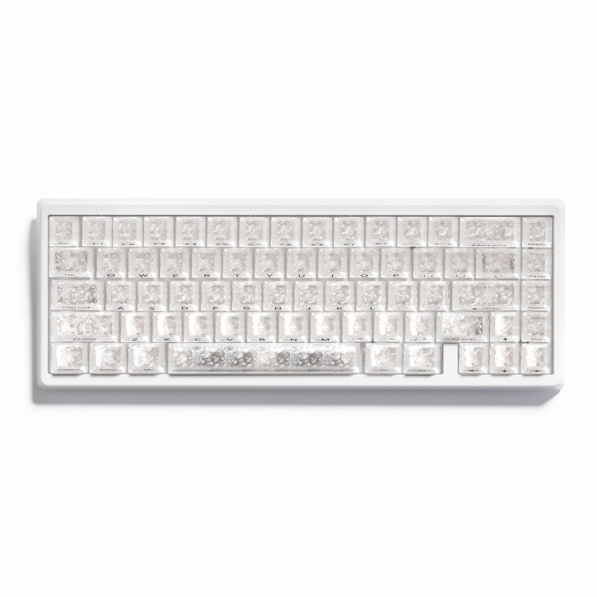 Mechanical keyboard with frosted white keycaps and clear legends, straight top view
