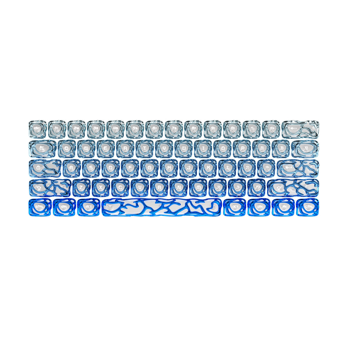 Blue liquid metallic keycap set, full keyboard layout with translucent legends