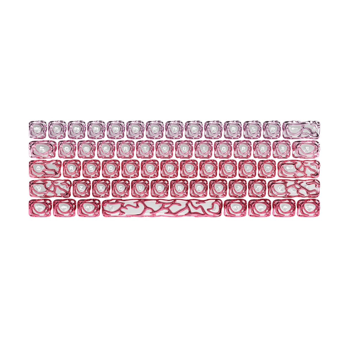 Pink metallic keycap set with engraved legends, full keyboard layout