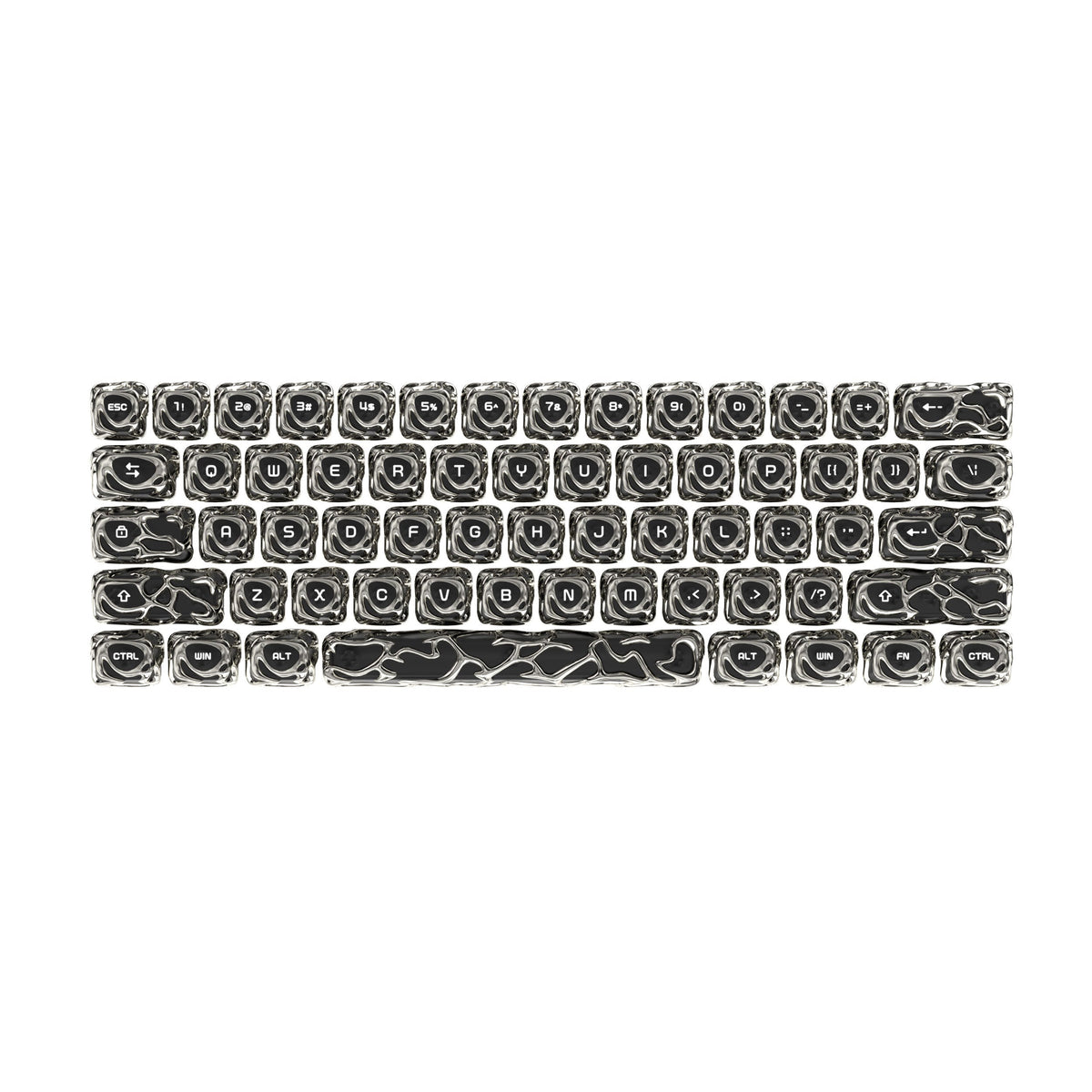 Silver metallic keycap set with engraved legends, multi-row keyboard grid
