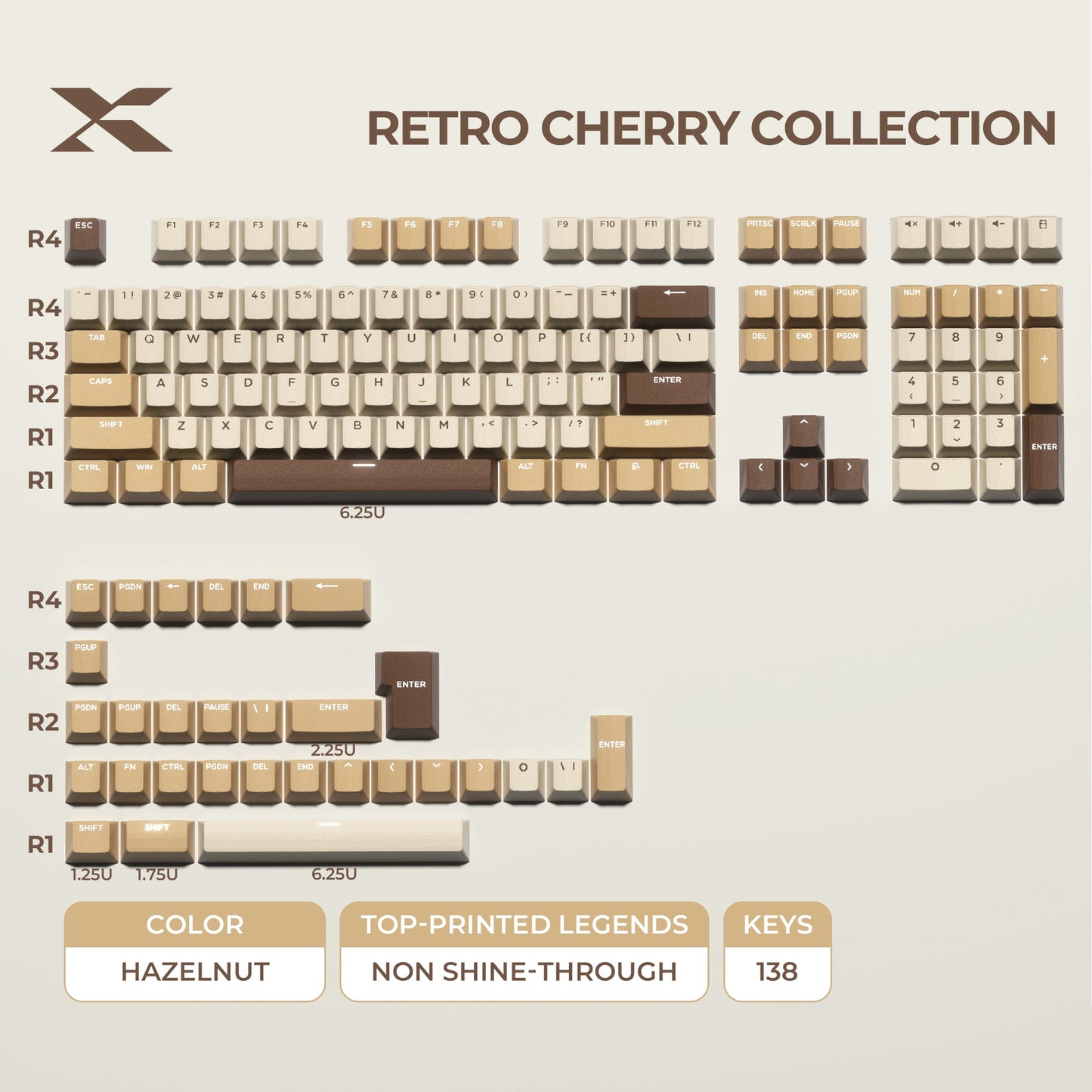 Hazelnut double-shot PBT keycap set, tan and brown legends keycaps