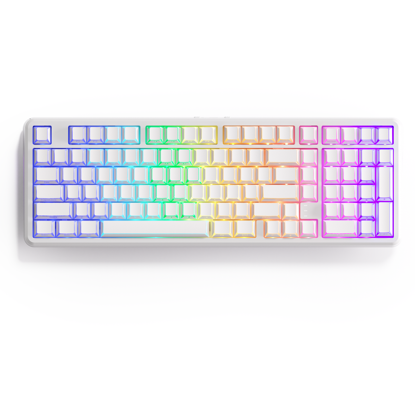 Wireless RGB mechanical keyboard with rainbow backlit keycaps and light gray case