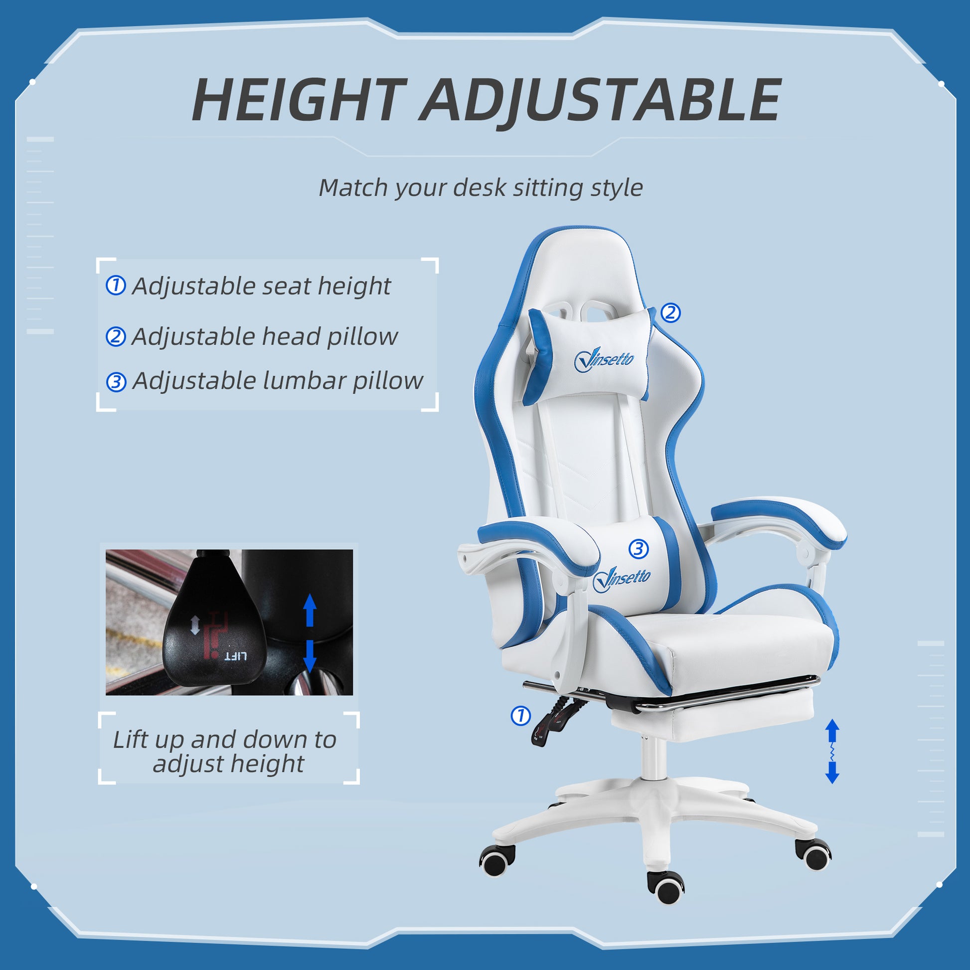 Blue and white gaming chair with adjustable height, lumbar support, and recline