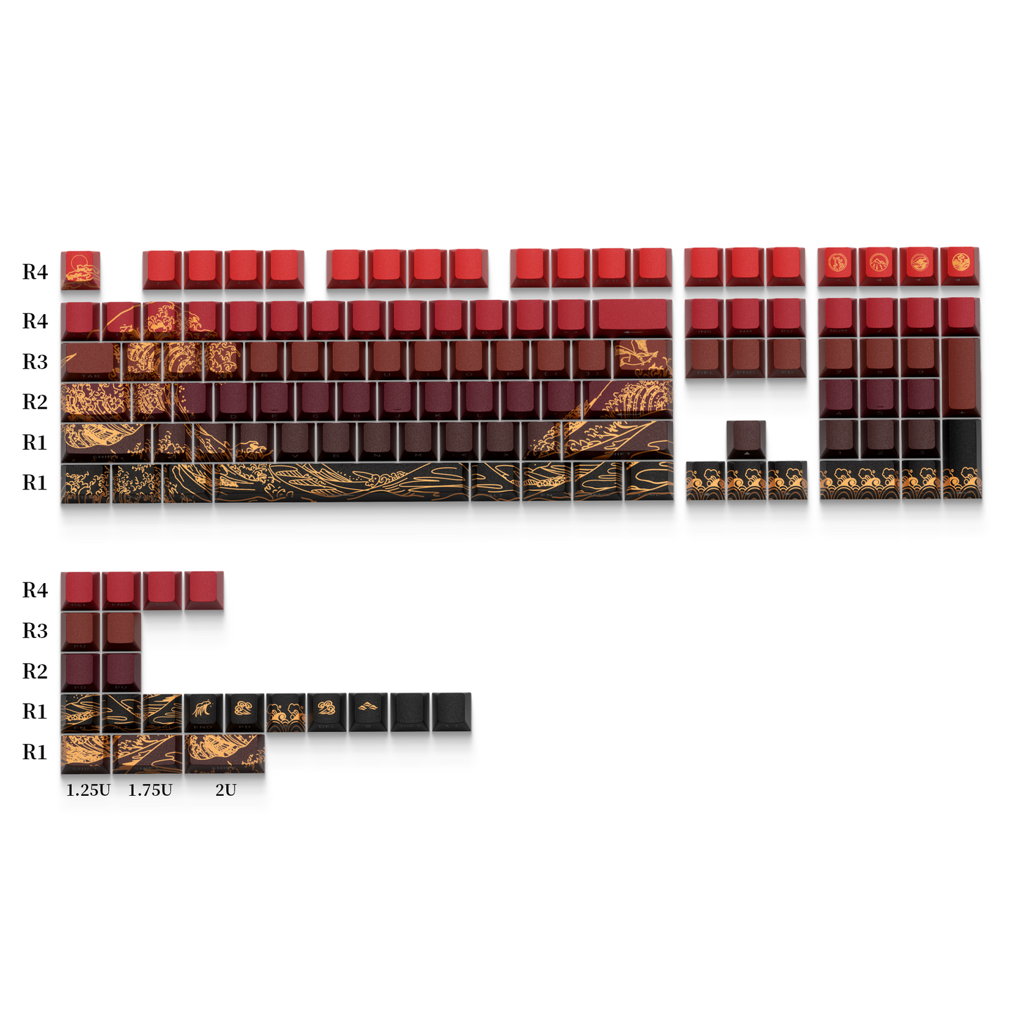 Red and dark keycap set with side-printed wave art on PBT cherry-profile keys