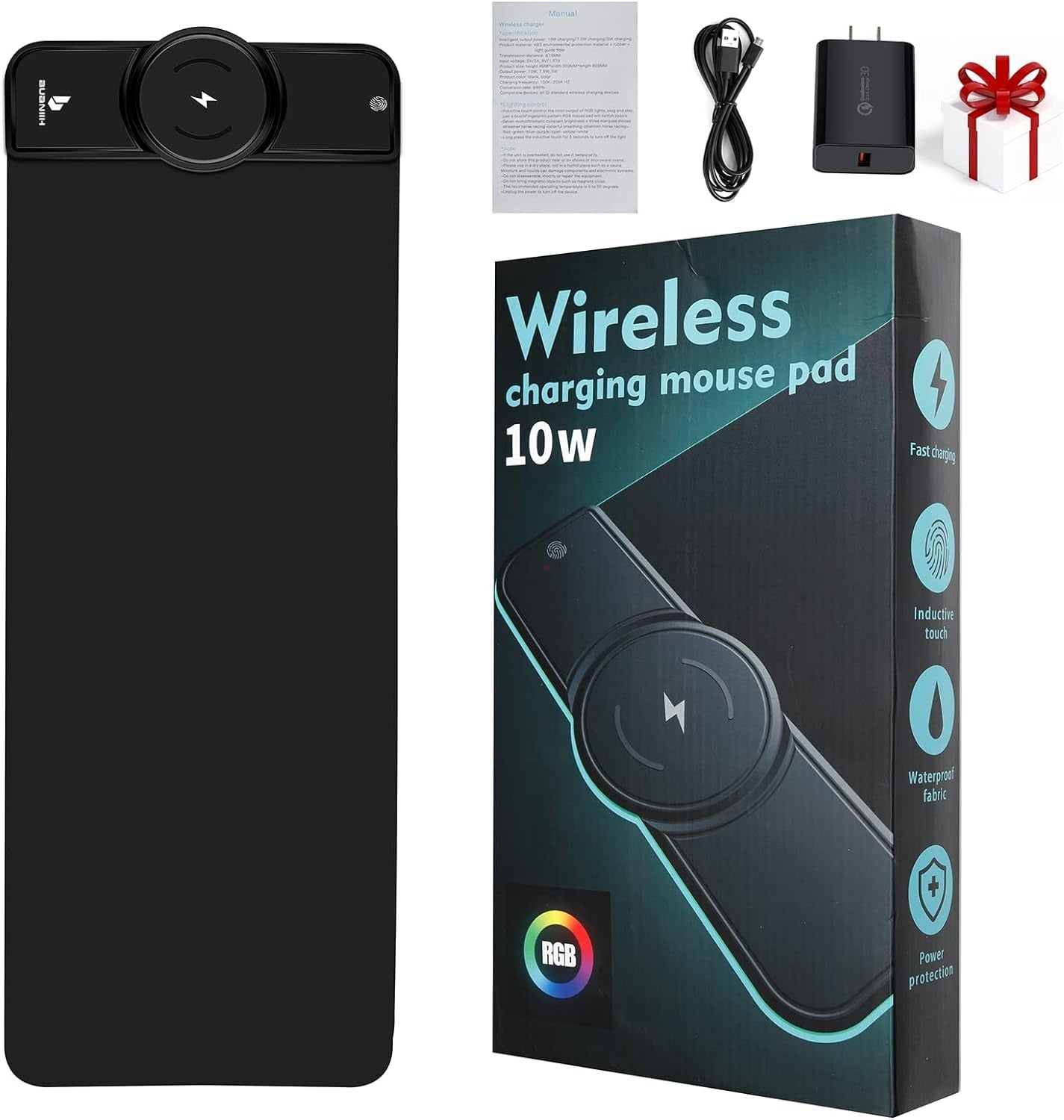 Black wireless charging gaming mouse pad with circular charging module