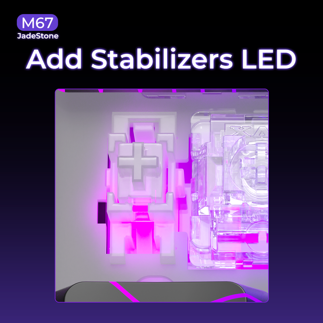 Transparent stabilizer LED area on a mechanical keyboard with pink-purple glow