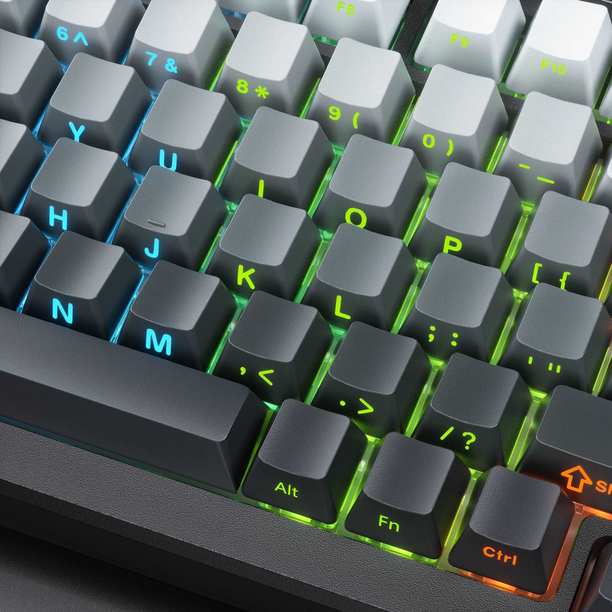 OEM profile keycaps close-up with side-printed symbols and green/blue backlit legends