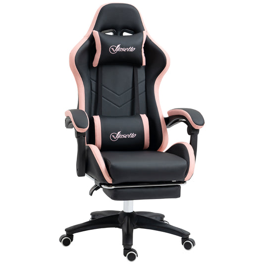 Black and pink computer gaming chair with headrest, lumbar support, and padded armrests