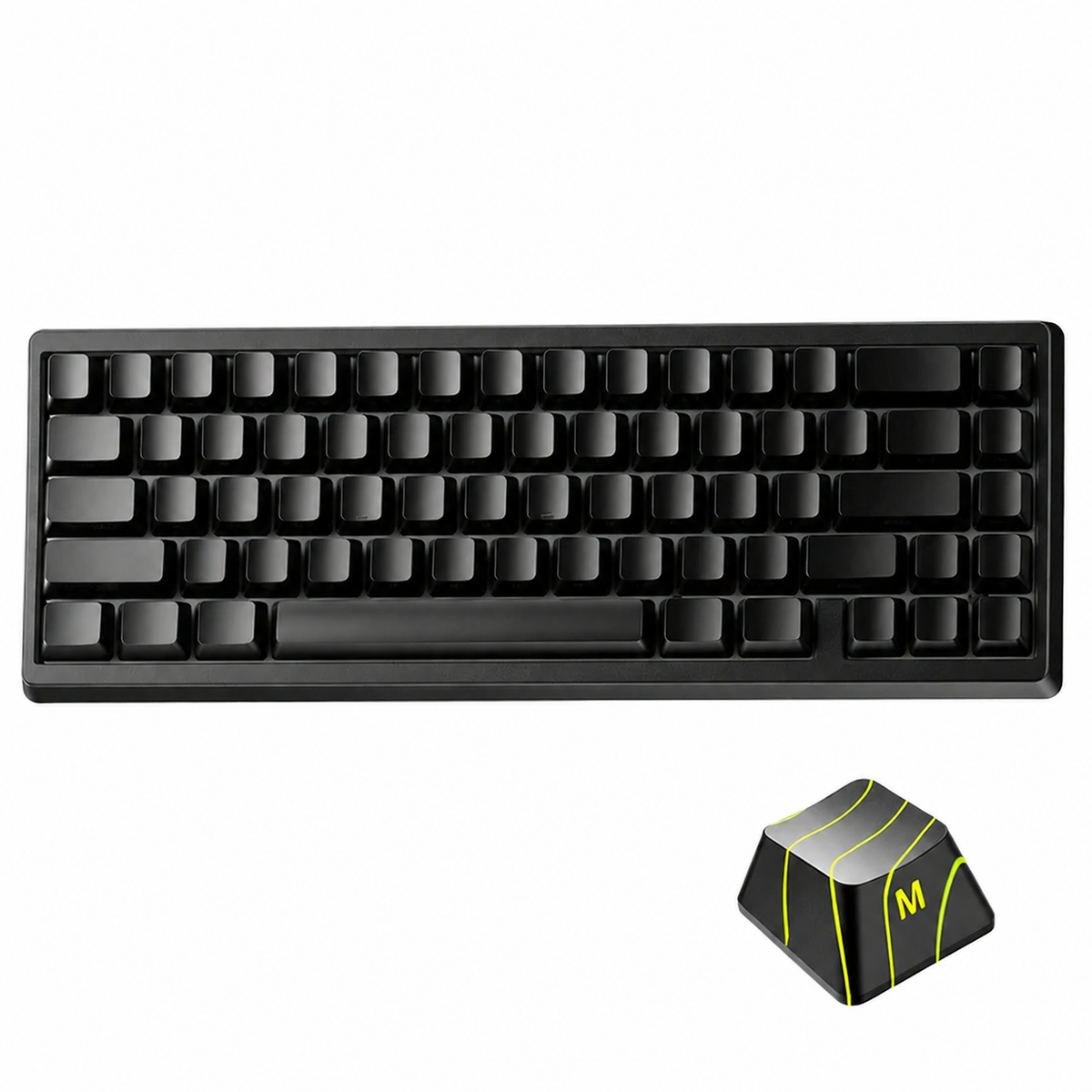 Mechanical keyboard with black case and black keycaps, no visible RGB lighting