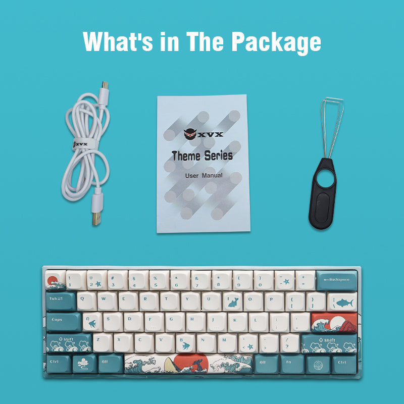Keyboard set with coral sea themed keycaps, USB cable, and hanging key accessory