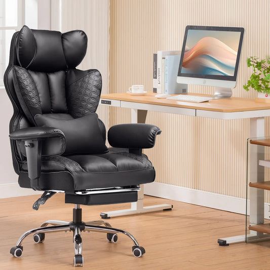 Black leather ergonomic office chair with padded armrests and footrest, reclining base