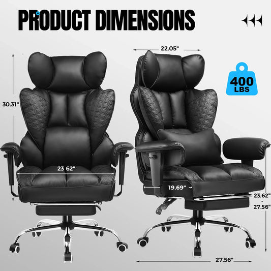 Black leather ergonomic office chair with footrest, arched headrest, swivel base