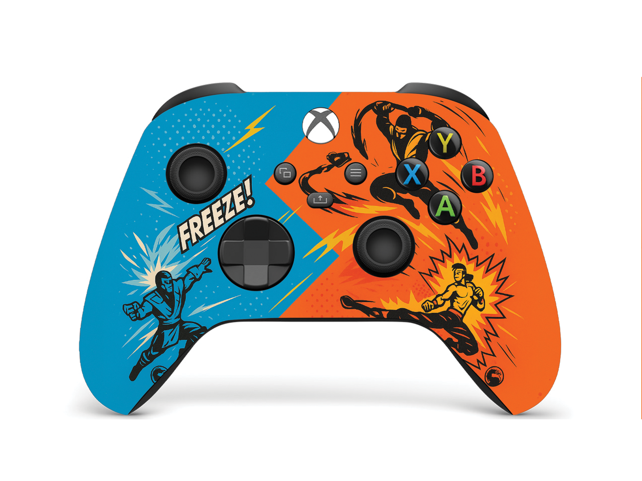 Xbox controller with retro Mortal Kombat front art, blue/orange, A/B/X/Y buttons