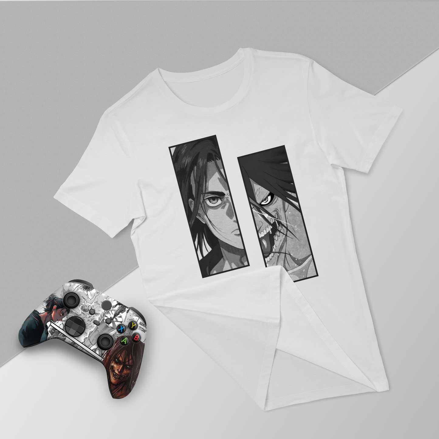 White graphic T-shirt set with anime panels; Xbox-style controller with colorful button marks