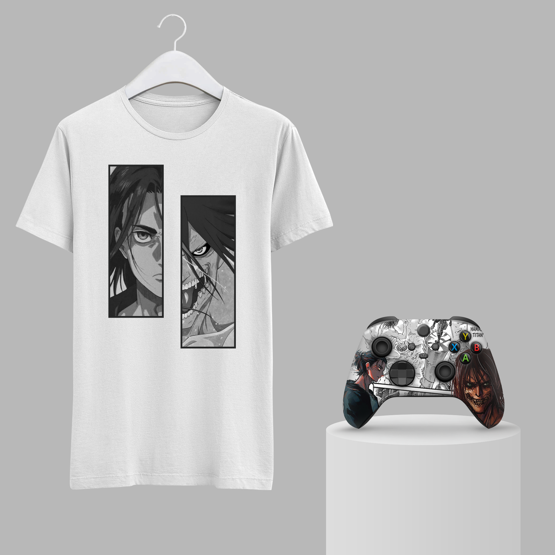 White hanging T-shirt with anime graphic; silver Xbox-style controller on a pedestal