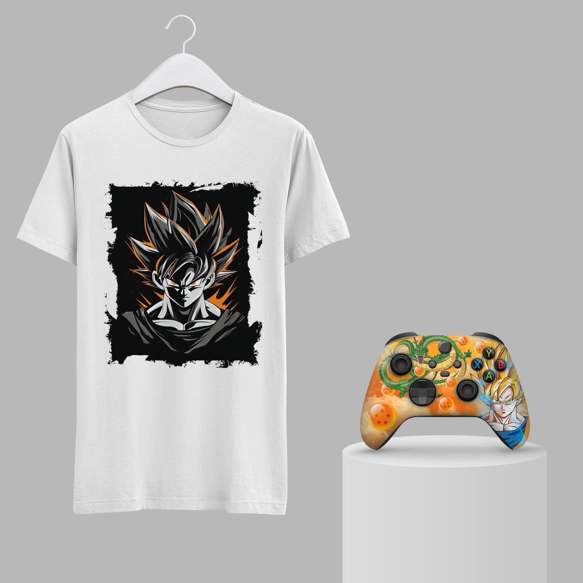White graphic t-shirt with Goku face print and orange themed Xbox controller on stand