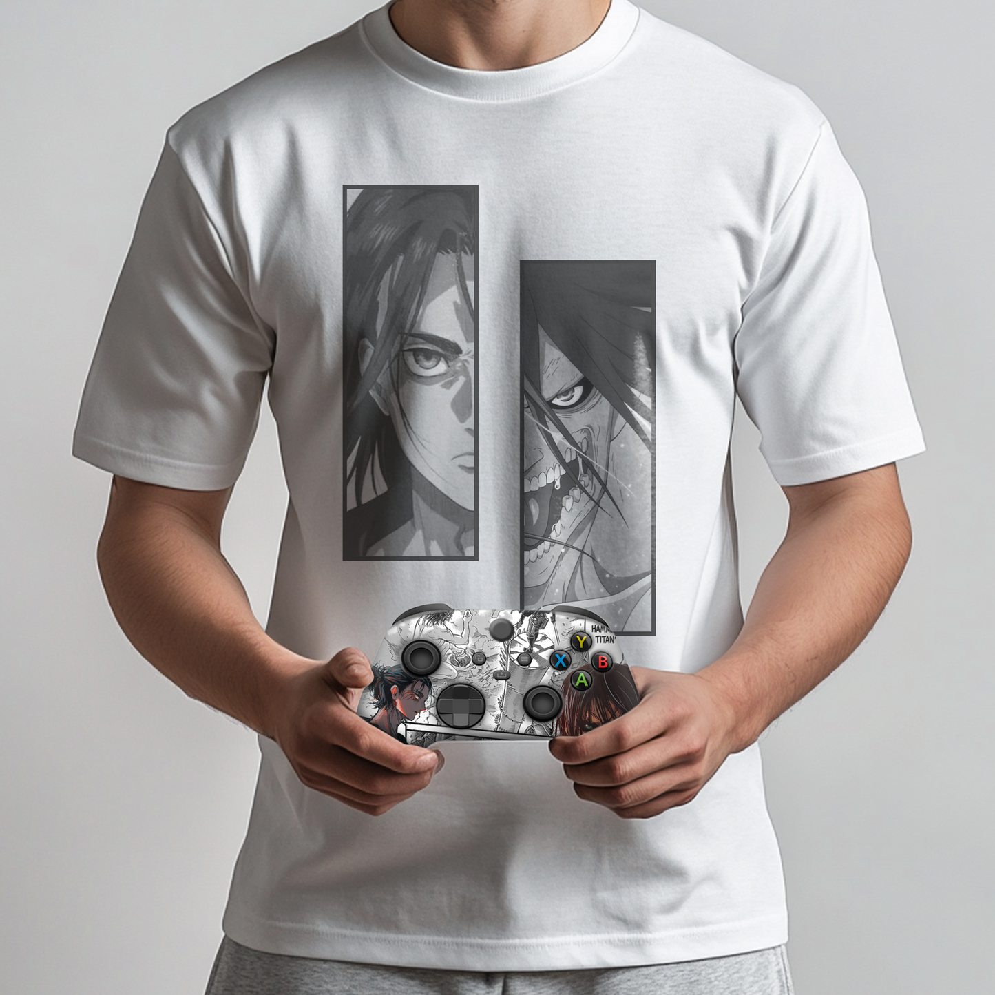 White graphic T-shirt with anime panels; controller held in hands, showing themed buttons