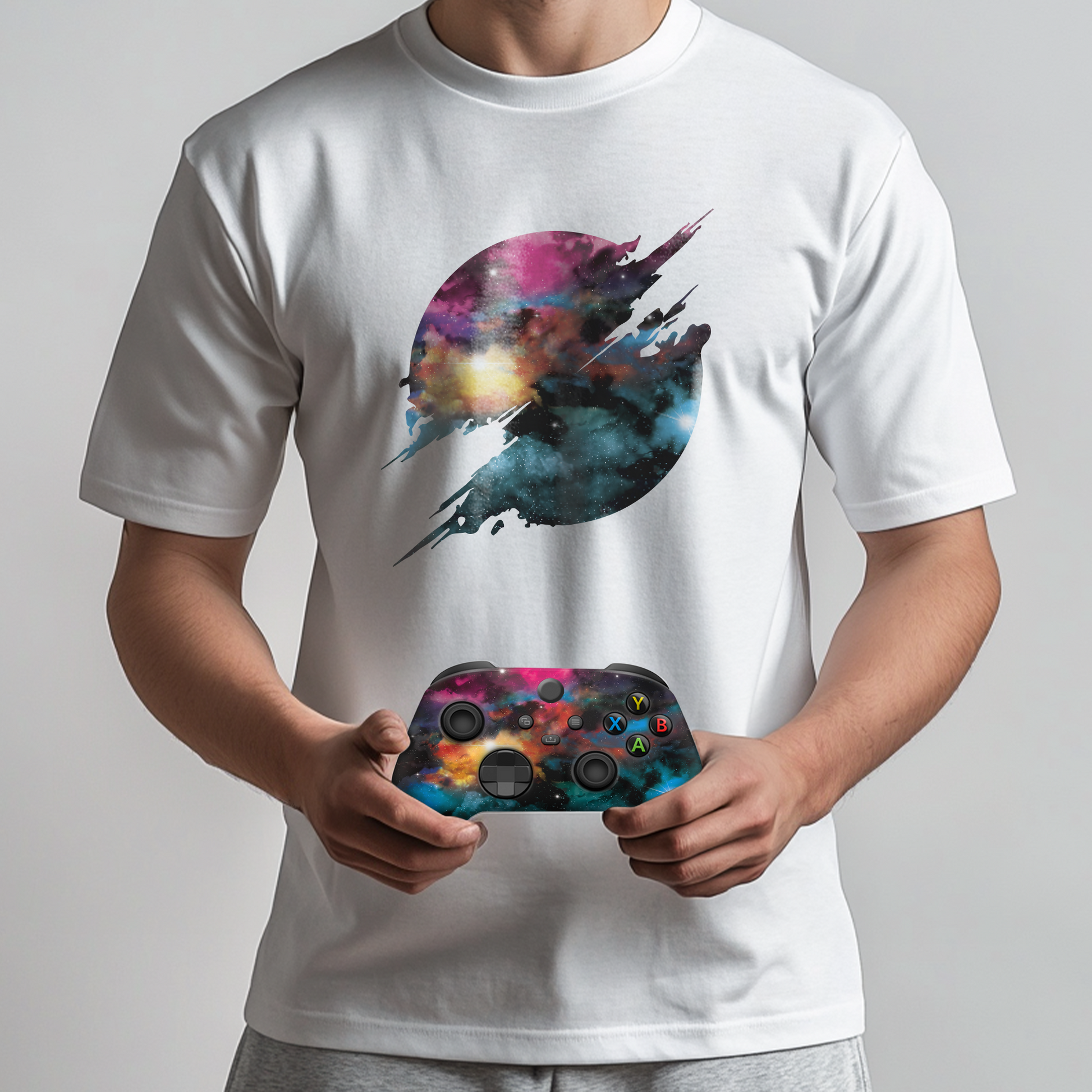 White T-shirt with galaxy jet graphic held by model, with Xbox Series X controller