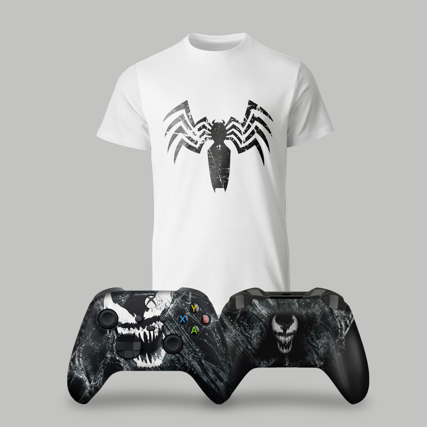 White venom graphic t-shirt with two black Xbox controllers