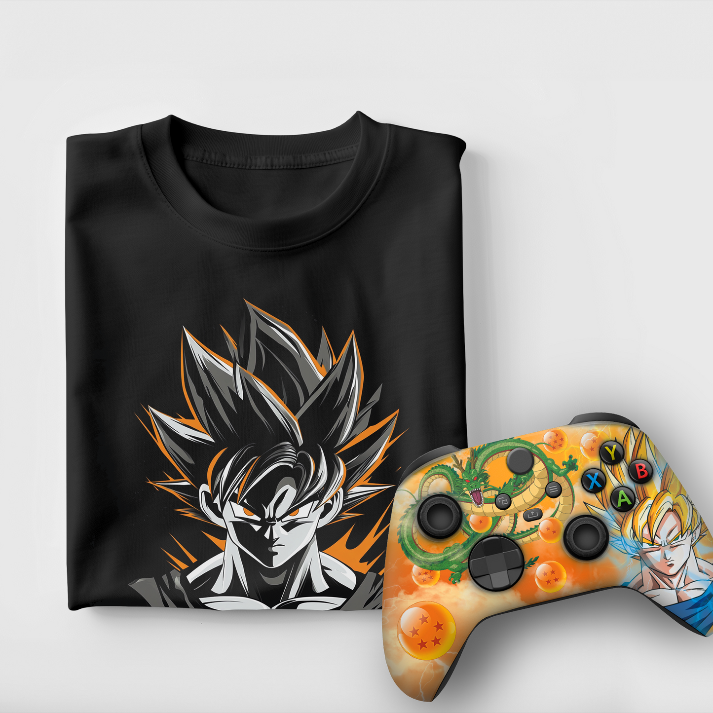 Black Goku graphic T-shirt with matching decorated Xbox controller