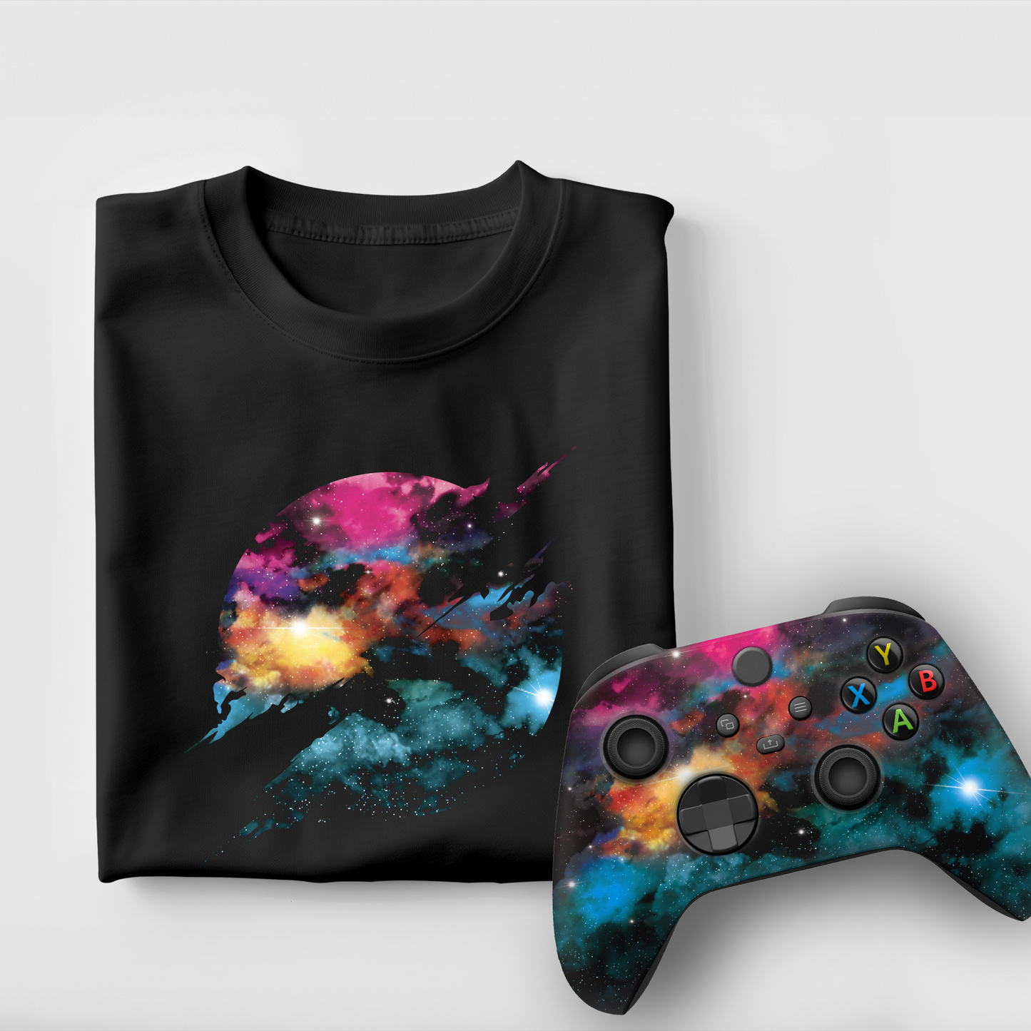 Black galaxy T-shirt with Xbox controller featuring space nebula graphic