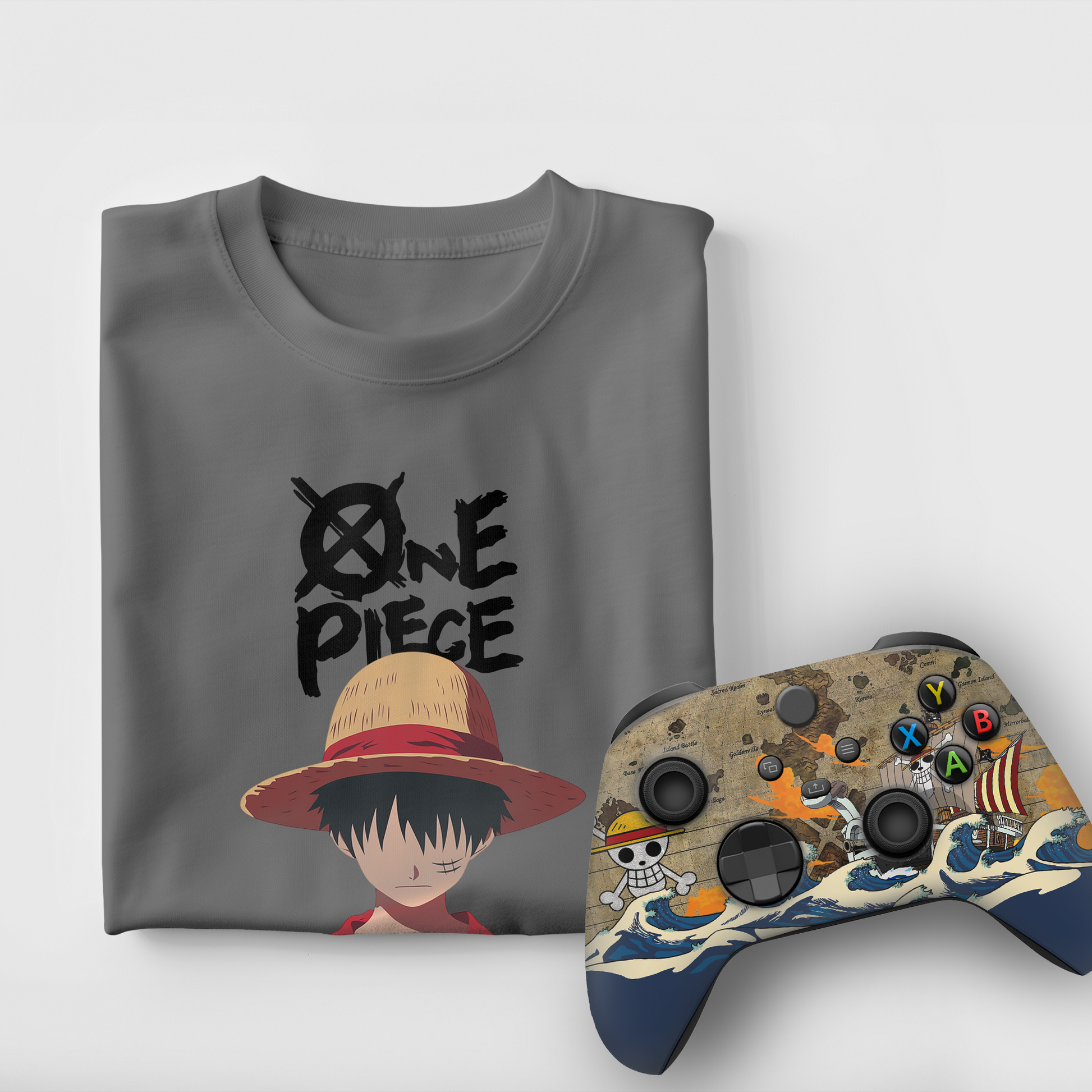 Gray graphic T-shirt with One Piece character and Xbox controller with pirate wave design