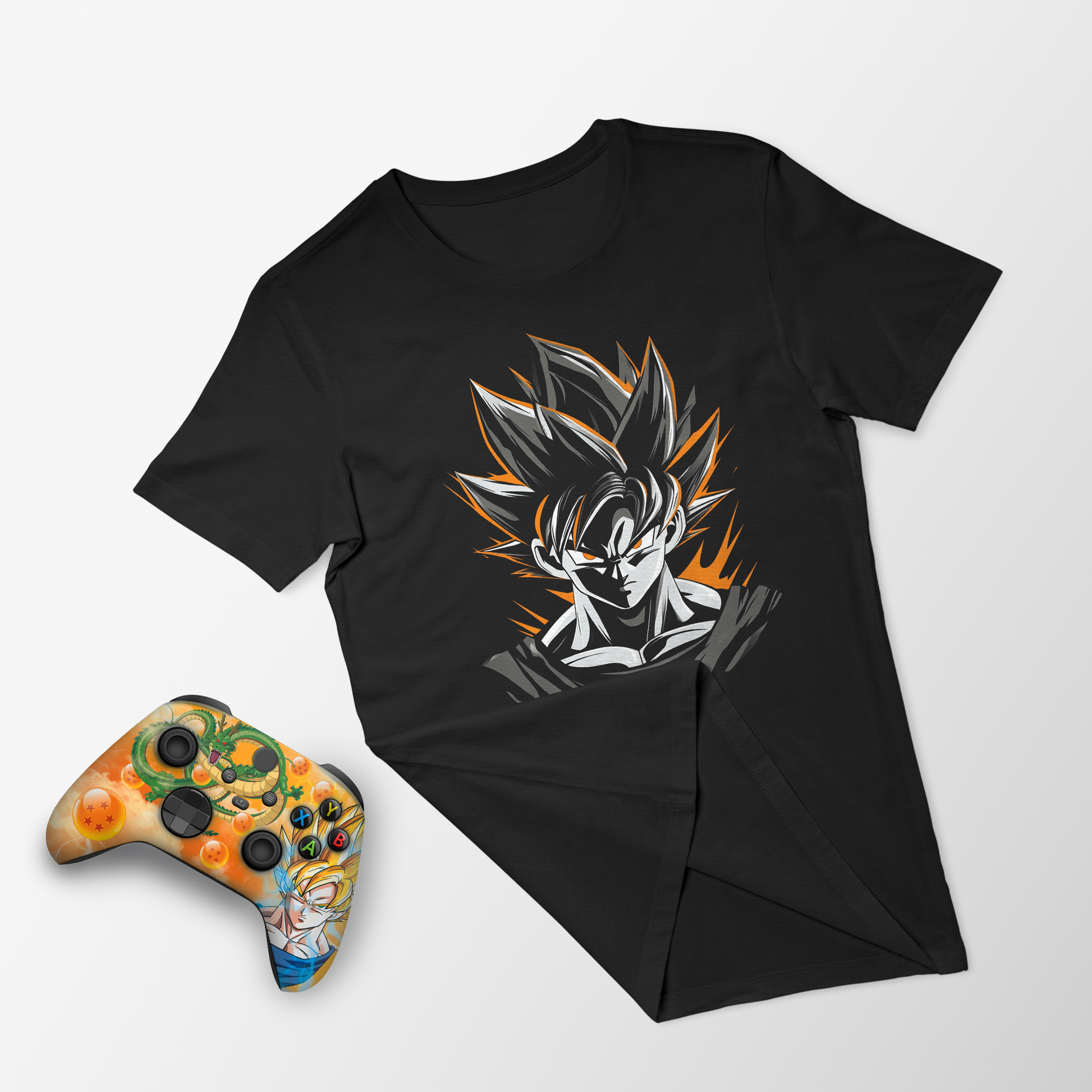 Black T-shirt with Goku anime face graphic and decorated Xbox controller