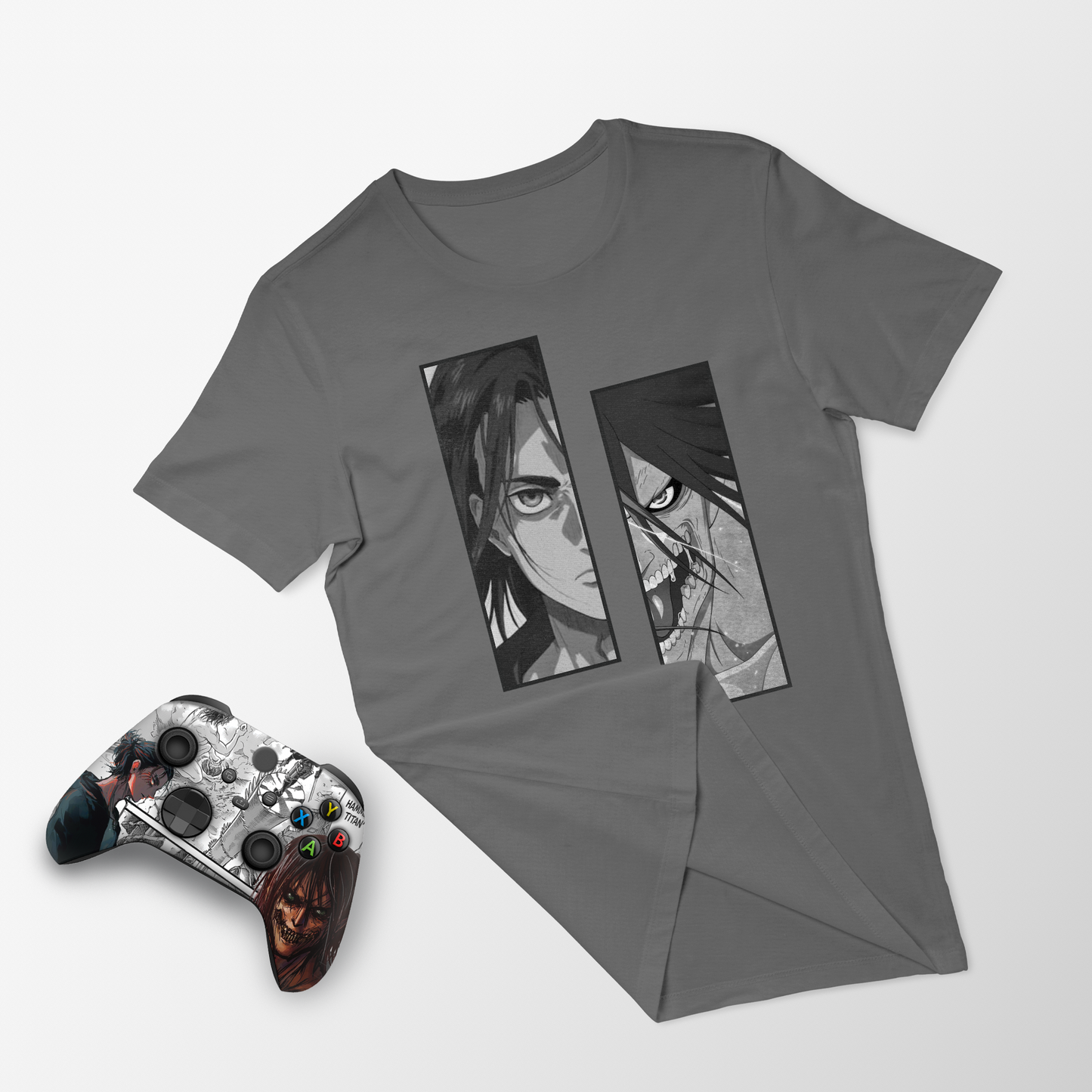 Gray graphic T-shirt with anime panels; Xbox-style controller with colorful button icons