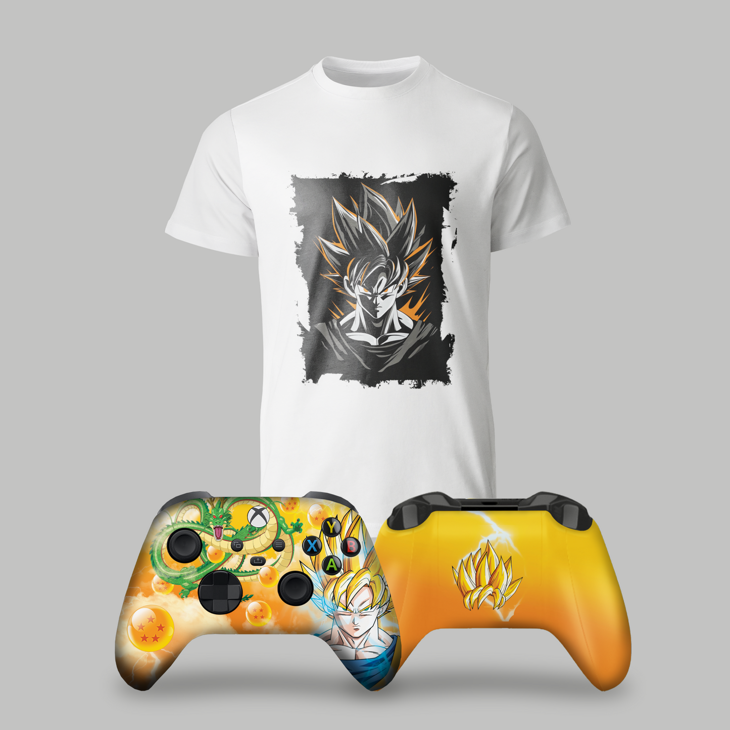 White graphic t-shirt with Goku print and orange themed Xbox controller, side by side