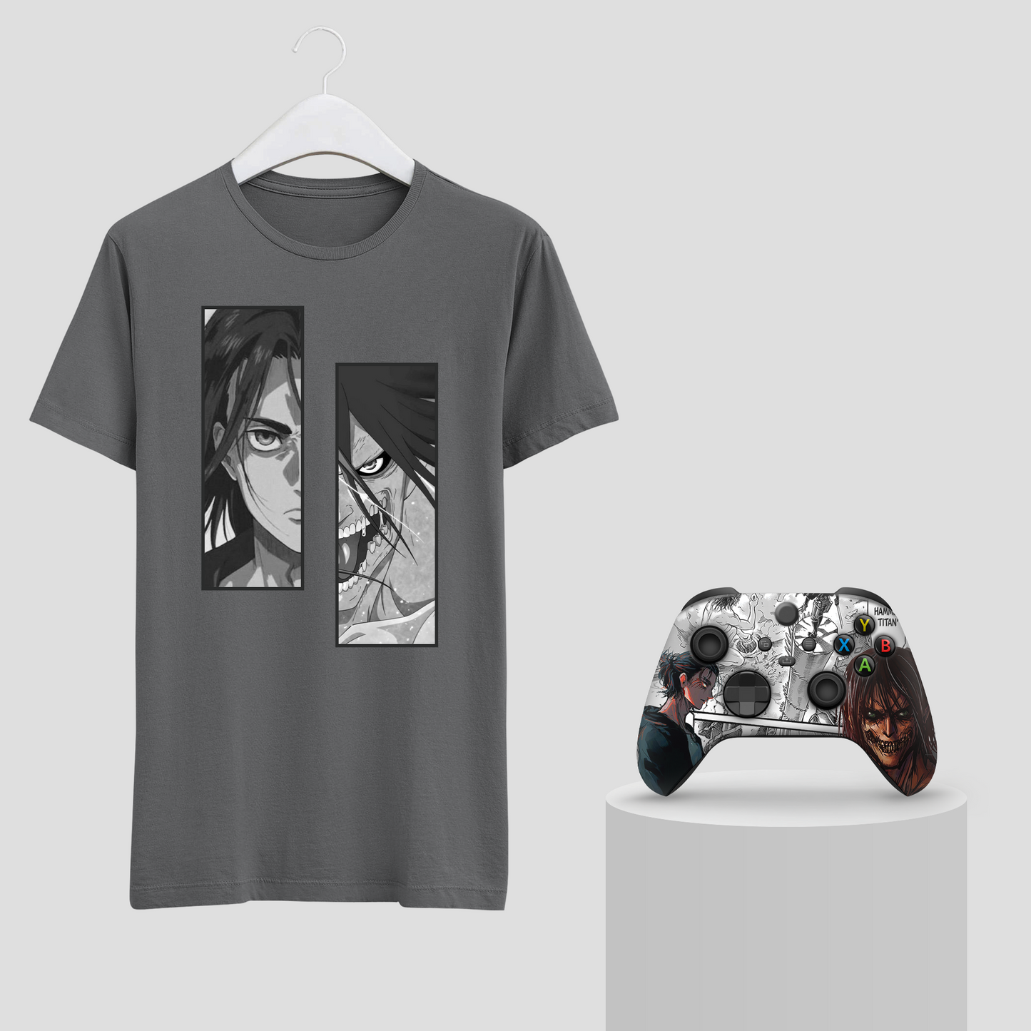 Gray hanging T-shirt with anime graphic; silver Xbox-style controller on a pedestal