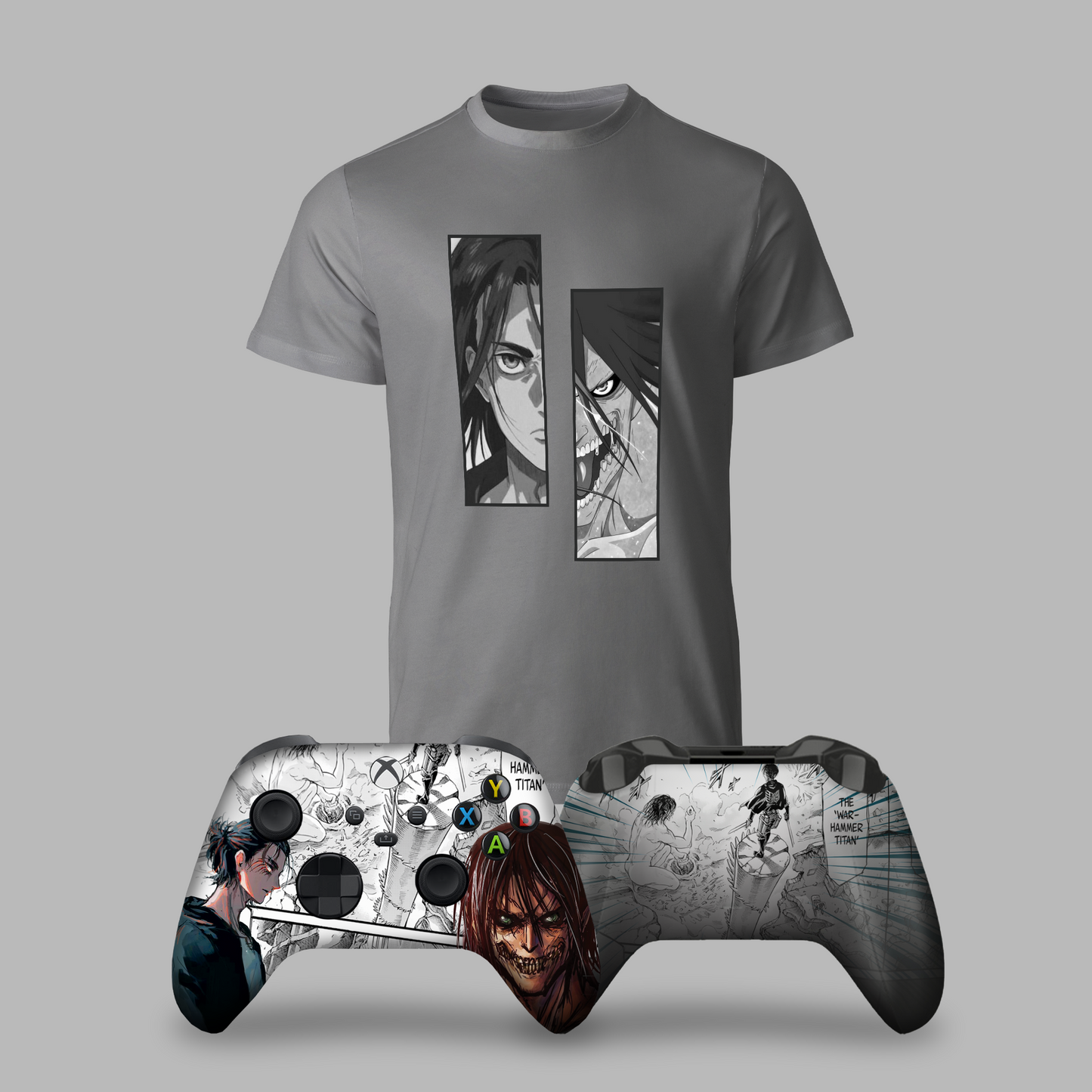 Gray graphic T-shirt with anime panels; silver Xbox-style controller with matching artwork