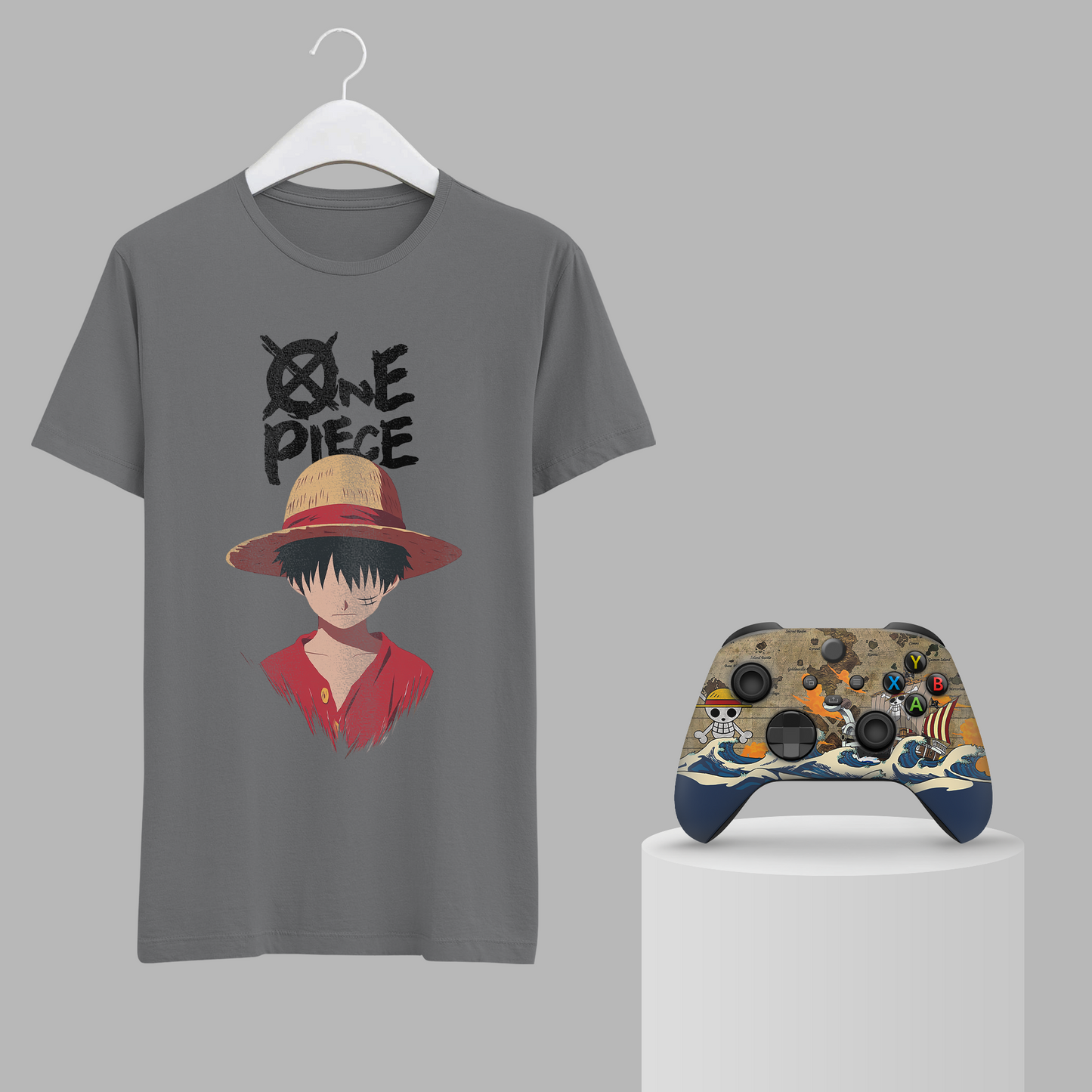 Gray graphic T-shirt with One Piece character and Xbox controller on display
