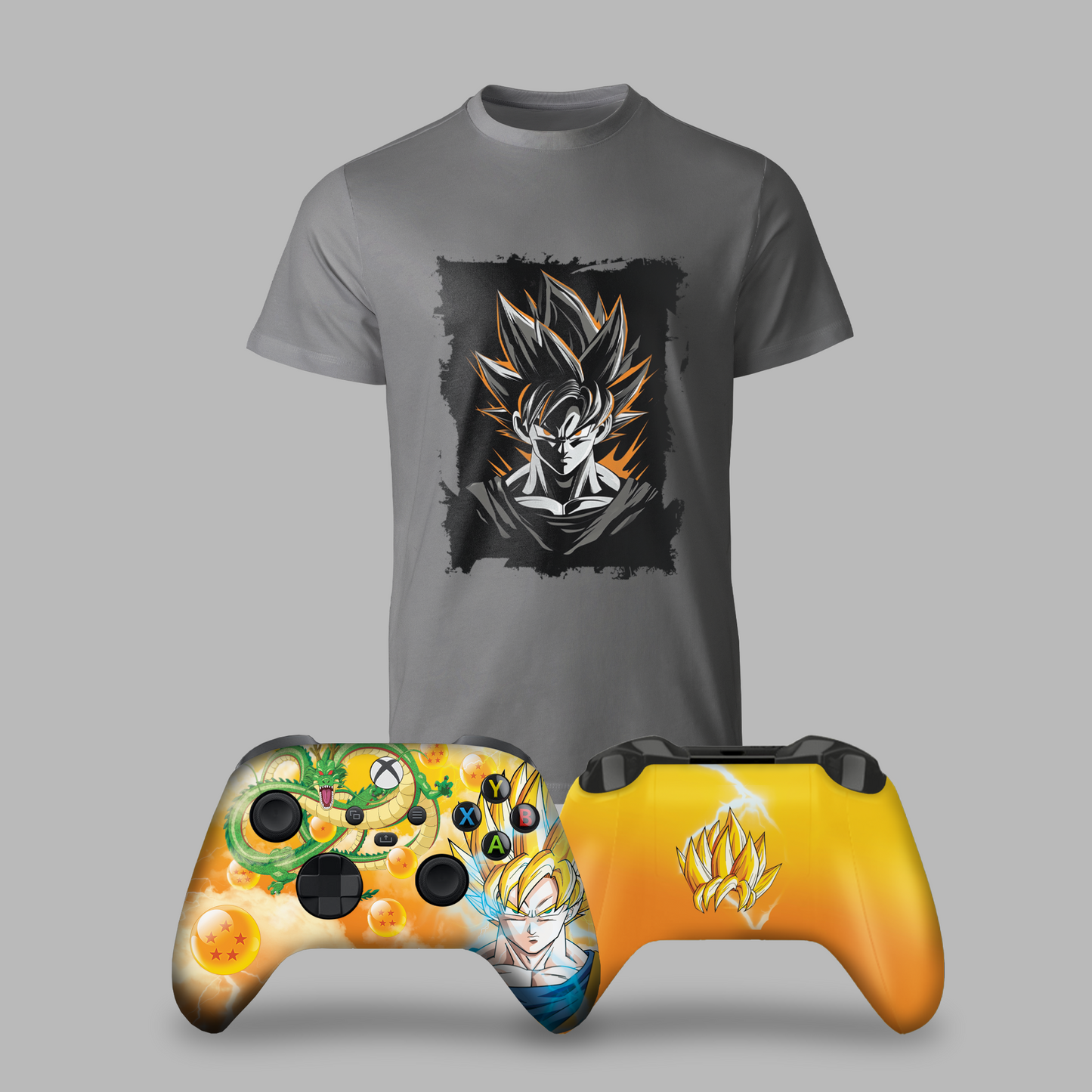 Gray graphic t-shirt with Goku print and orange themed Xbox controller, side by side