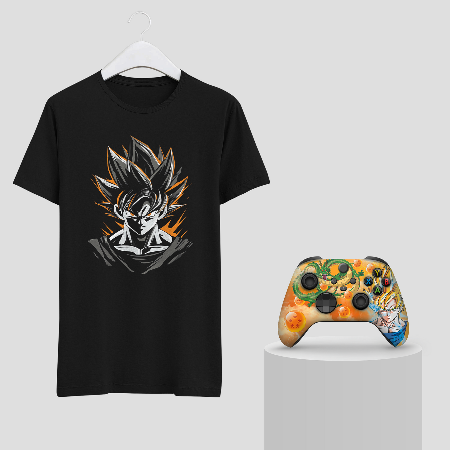 Black hanging T-shirt with Goku graphic front and decorated Xbox controller