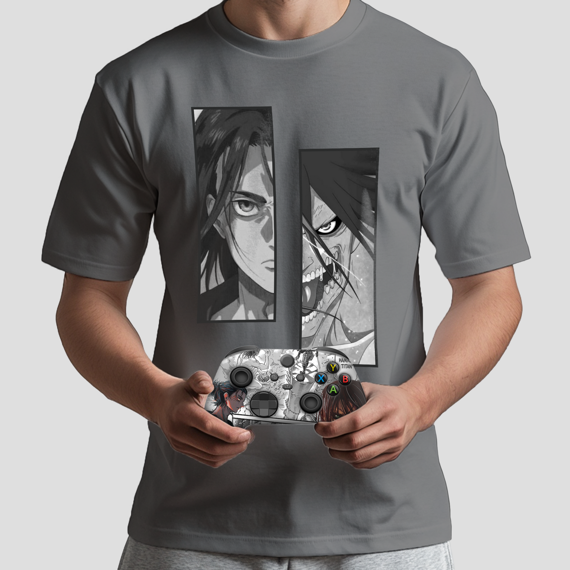 Gray graphic T-shirt with anime panels; controller held in hands, showing themed buttons