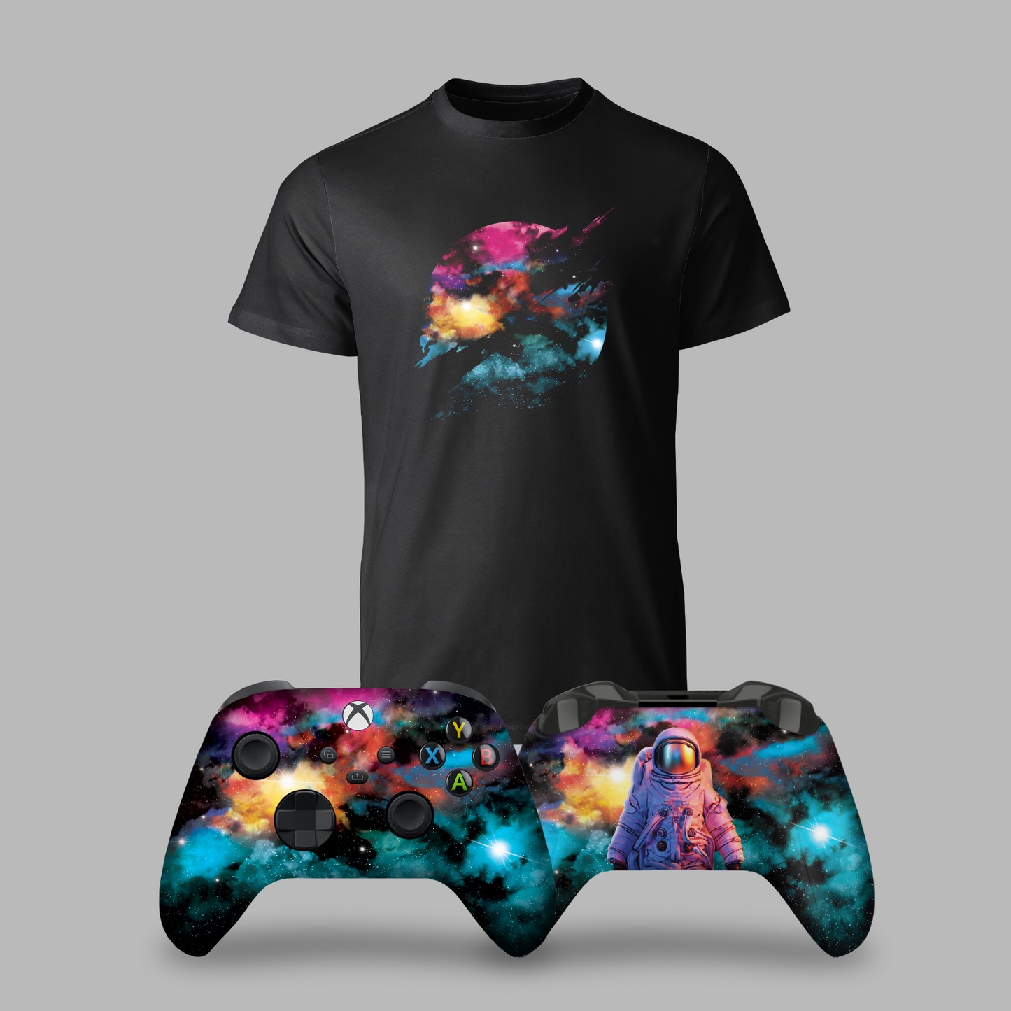 Black galaxy T-shirt with two Xbox controllers featuring space nebula artwork