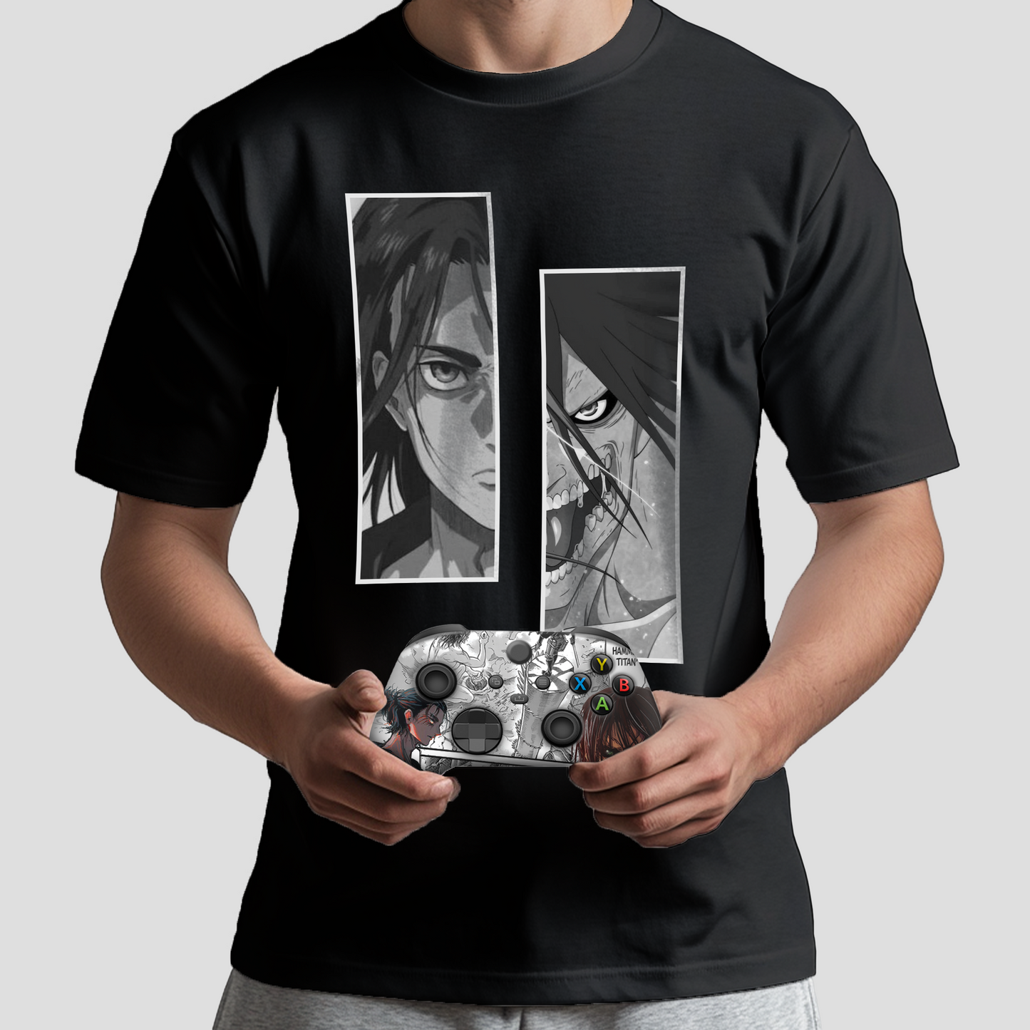 Black graphic T-shirt worn with two portrait panels; silver Xbox controller in hands