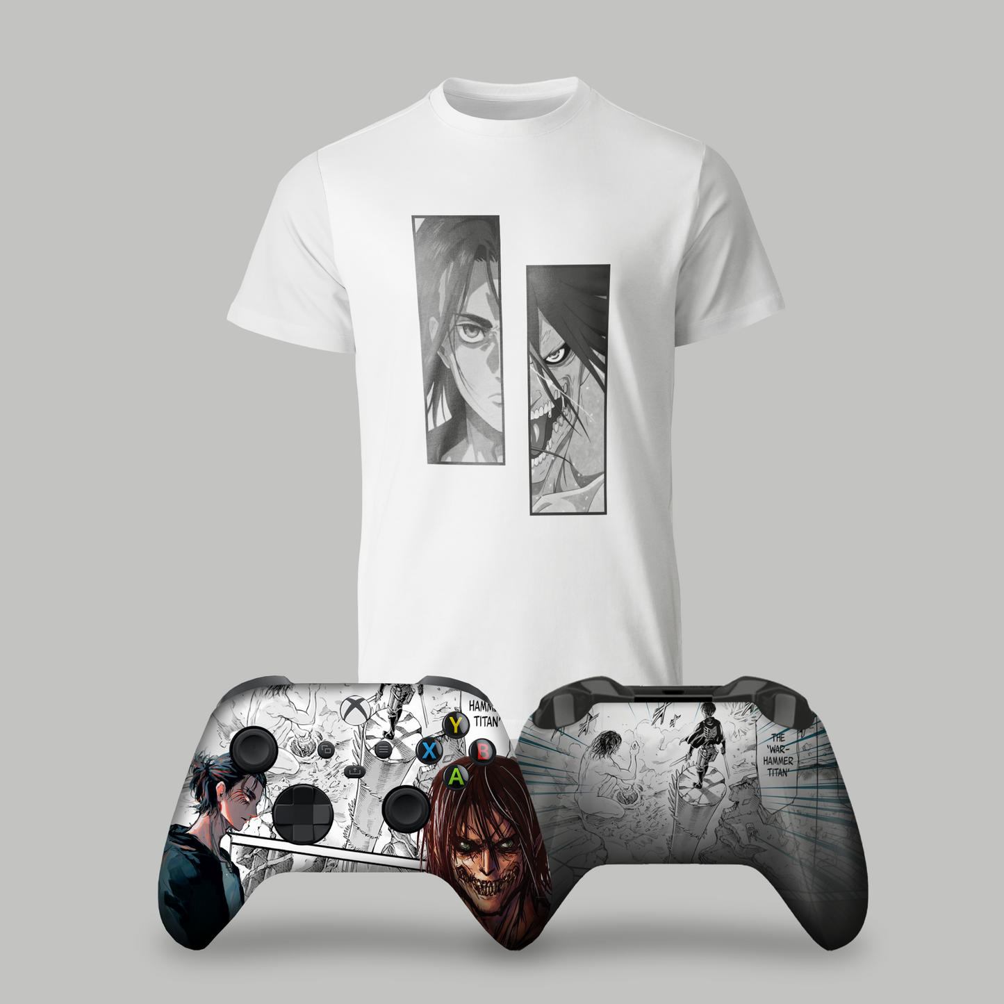White graphic T-shirt with anime panels; silver Xbox-style controller with matching artwork