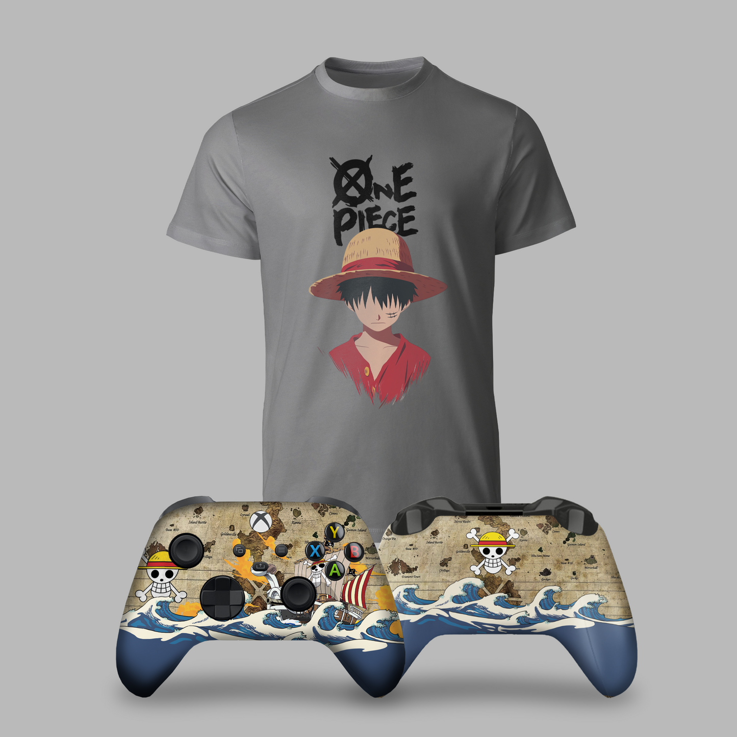 Gray graphic T-shirt with One Piece character and two Xbox controllers with wave decals