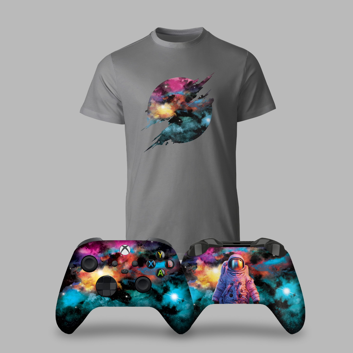 Gray T-shirt with galaxy jet graphic, with two Xbox Series X controllers shown below