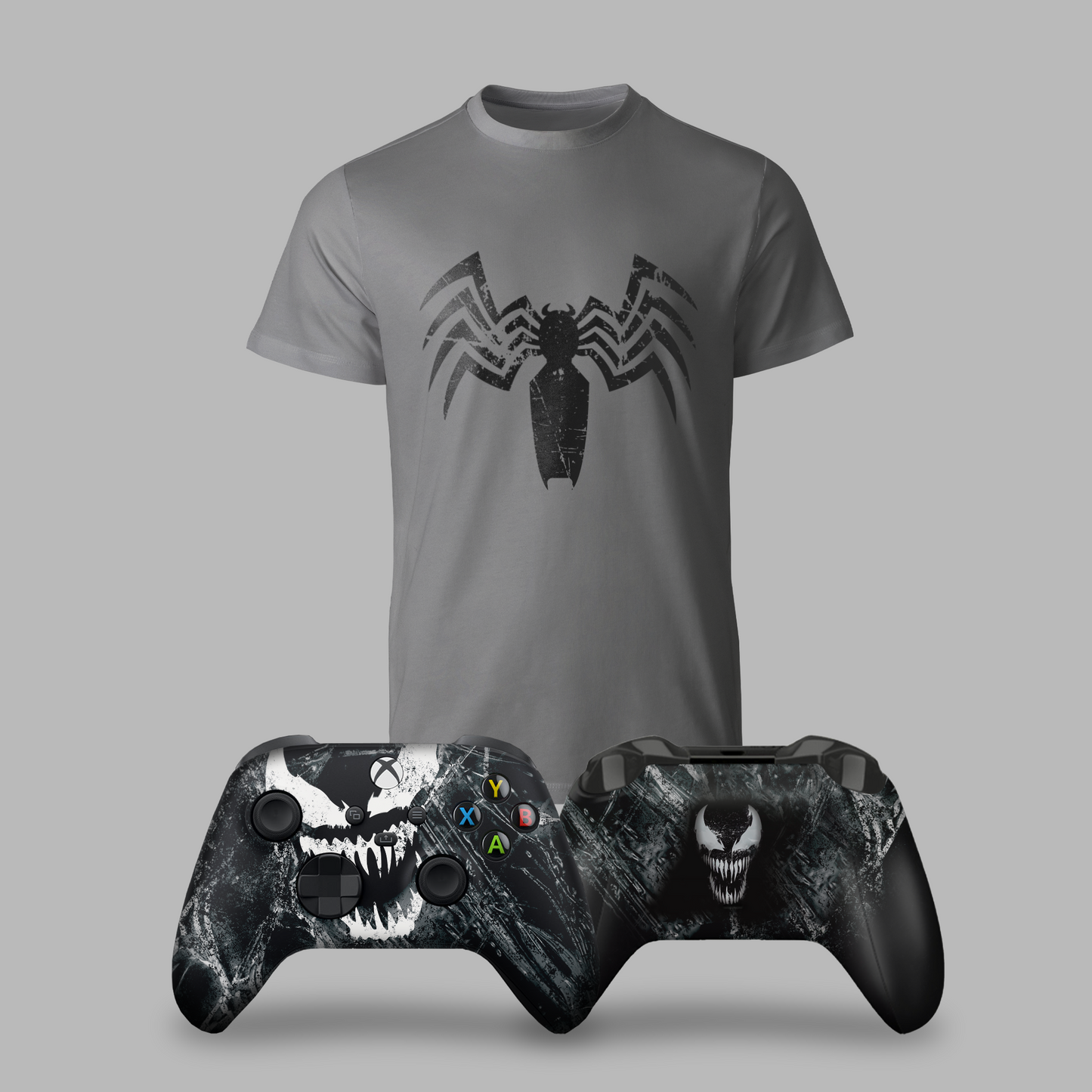 Gray venom graphic t-shirt with two black Xbox controllers