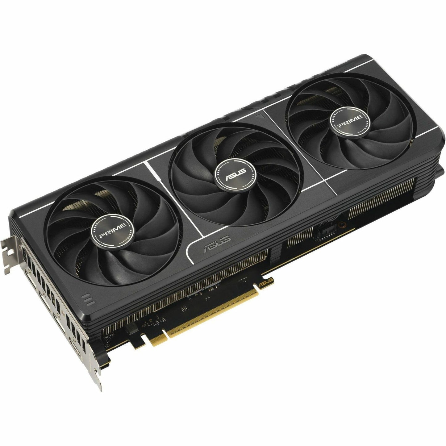 Asus PRIME GeForce RTX 5080 graphics card with three black cooling fans, vented shroud