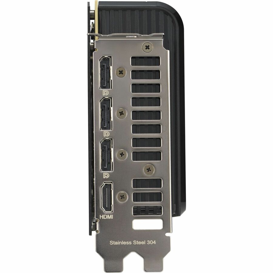 Graphics card rear I/O with HDMI and four DisplayPort connectors on metal bracket