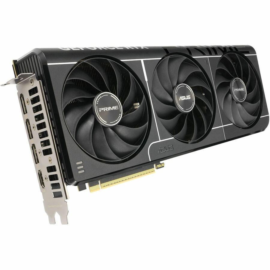 ASUS PRIME GeForce RTX 5080 graphics card side view with three cooling fans and display ports