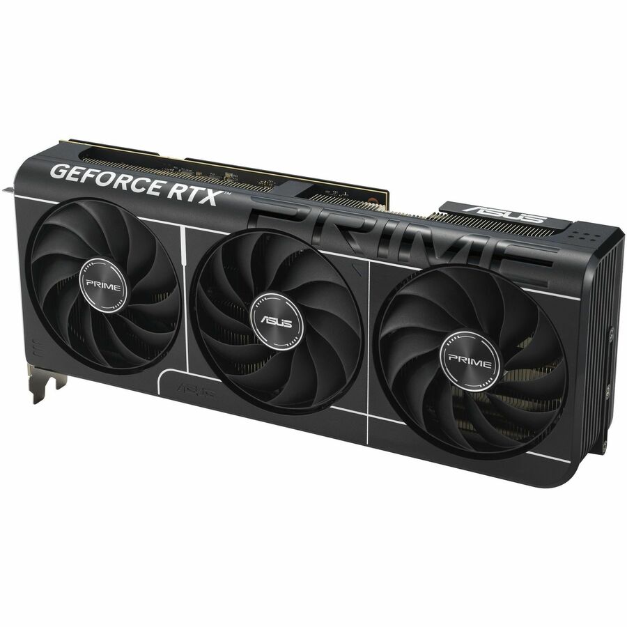 ASUS GeForce RTX graphics card diagonal view with three black cooling fans on GPU shroud