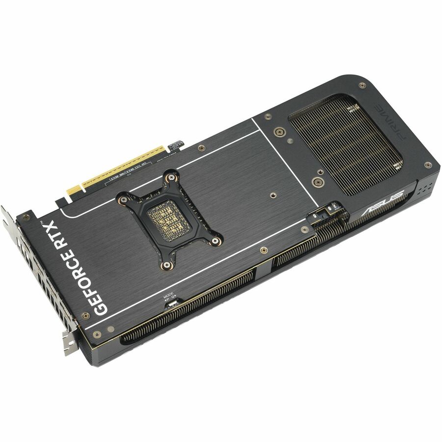 ASUS GeForce RTX graphics card back view with black plate, fan brackets, and heat sink fin area