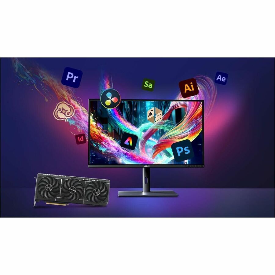 Asus GeForce RTX 5080 graphics card shown beside a monitor on a desk setup