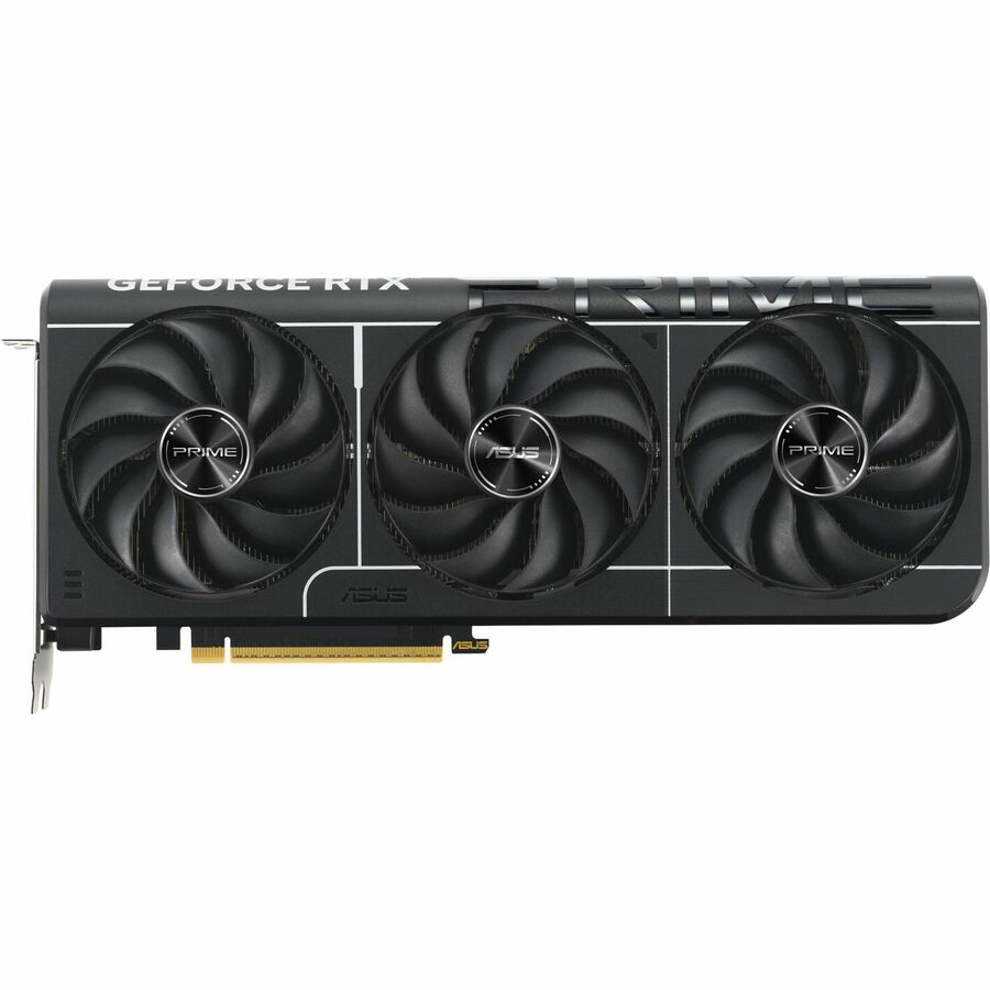 Asus GeForce RTX 5080 graphics card front view with three black fans and badge