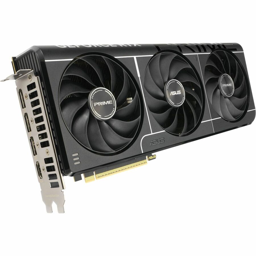 Asus GeForce RTX 5080 graphics card angled view with three fans and I/O bracket