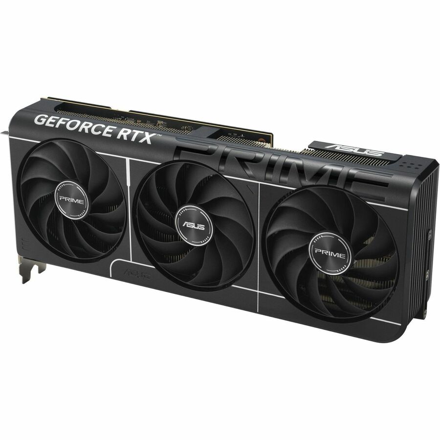 Asus GeForce RTX 5080 graphics card angled front with three cooling fans